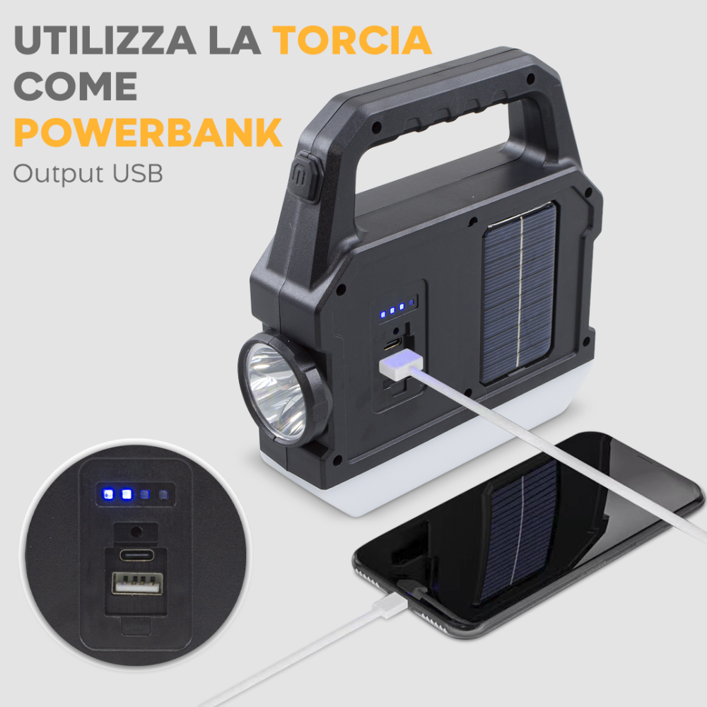 Torcia LED Portatile Strobo Ricarica Solare...
