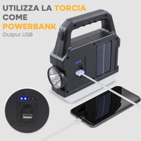 Torcia LED Portatile Strobo Ricarica Solare Multifunzione Torcia USB e Powerbank