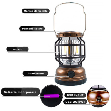 Lanterna Campeggio ZJ-199OT Luce Emergenza Portatile Ricarica Solare e Cavo USB