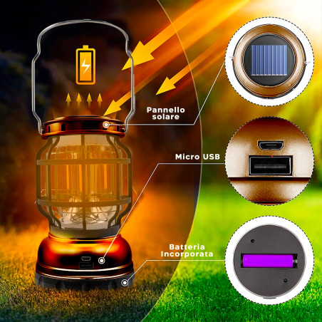 Lanterna Campeggio ZJ-199OT Luce Emergenza Portatile Ricarica Solare e Cavo USB