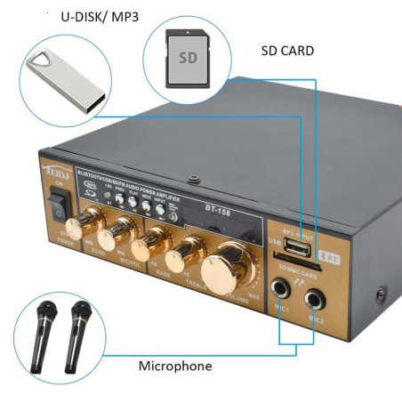 Amplificatore Karaoke Bluetooth Stereo HiFi MP3 Display LCD Ingresso USB e SD
