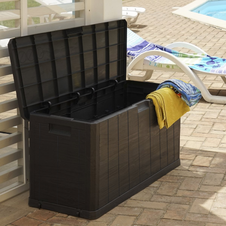 Baule Contenitore Cassapanca in Resina Effetto Legno da Giardino 117.5x45x56 cm