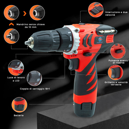 Trapano Avvitatore Doppia Batteria 12V Senza Fili con Valigetta e Accessori