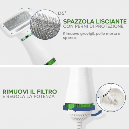 Spazzola 2 in 1 Asciuga Pelo per Animali Domestici 412521 Ergonomica Regolabile