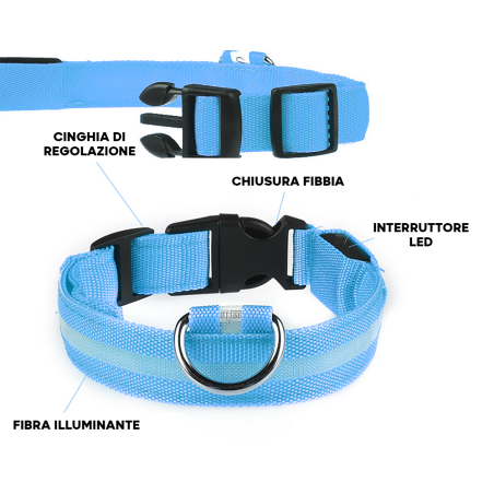 Collare regolabile luminoso a led per cani e gatti vari colori e misure