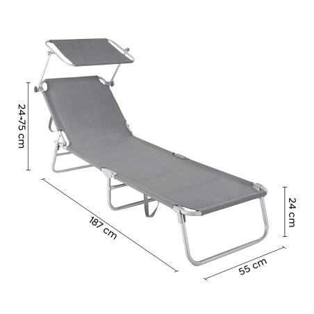 Lettino in Textilene 281013 Schienale Regolabile GRIGIO Tubo 18 mm con Parasole