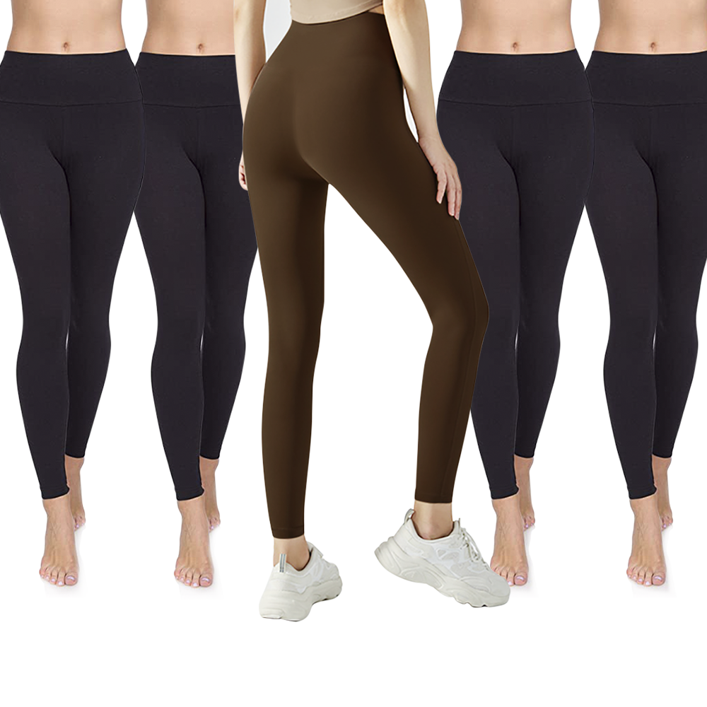 Image of Set 5 Leggings Donna ELY 4 Neri 1 Marrone Tessuto Elasticizzato Pantaloni Estivo L/XL