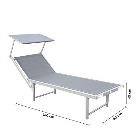 Lettino Prendisole LUXURIOUS Parasole Alluminio Schienale Reclinabile 180X60X40