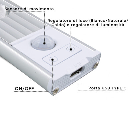 Striscia LED Magnetica Luce Intelligente 30cm Ricaricabile USB Sensore Movimento