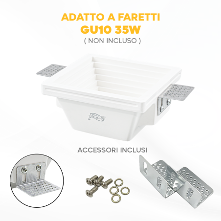 Portafaretto Gesso a Scomparsa GS-5004 Quadrato Bianco ad Incasso Attacco GU10