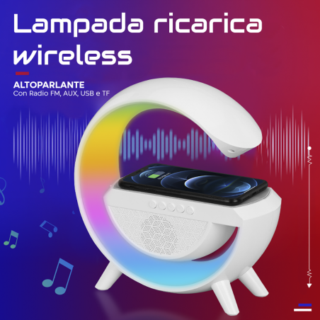Lampada Ricarica Wireless LED Bluetooth 5.0 per Smartphone con Radio AUX USB TF