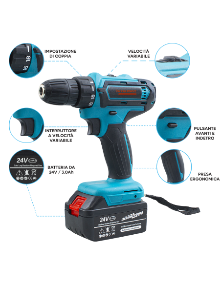 Kit 3pz ROYALWAVE Trapano Avvitatore Smerigliatrice a Batteria con Valigetta