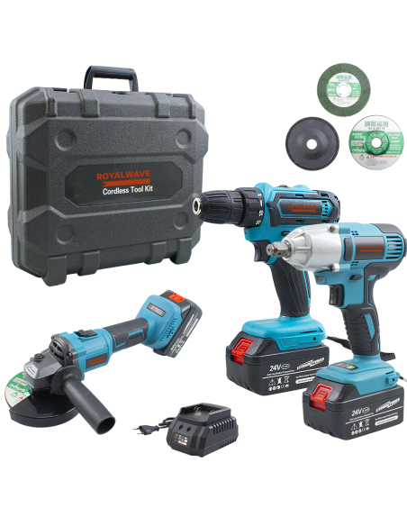 Kit 3pz ROYALWAVE Trapano Avvitatore Smerigliatrice a Batteria con Valigetta