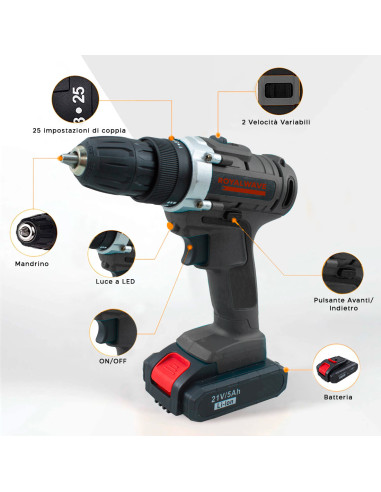 Avvitatore Trapano Cordless Doppia Batteria 21V...