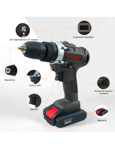 Avvitatore Trapano Cordless Doppia Batteria 21V con Accessori Velocità 0-400rpm