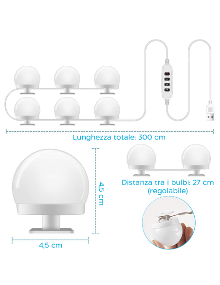 Set 6 Lampadine LED per Specchio Toeletta Luci Make Up Dimmerabili con Cavo USB