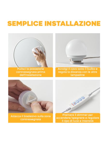 Set 6 Lampadine LED per Specchio Toeletta Luci Make Up Dimmerabili con Cavo USB