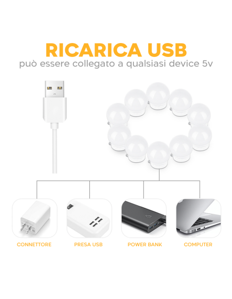 Set 6 Lampadine LED per Specchio Toeletta Luci Make Up Dimmerabili con Cavo USB