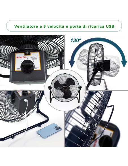 Ventilatore Portatile Ricarica Solare Senza Fili da Tavolo Parete per Campeggio
