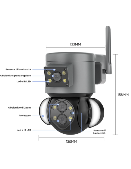 Telecamera WiFi Zoom 10X da Esterno 4K HD con Grandangolo e Doppio Obbiettivo