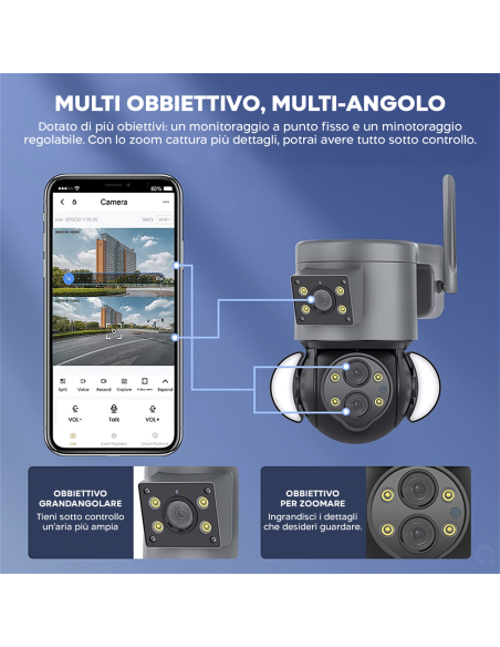 Telecamera WiFi Zoom 10X da Esterno 4K HD con Grandangolo e Doppio Obbiettivo