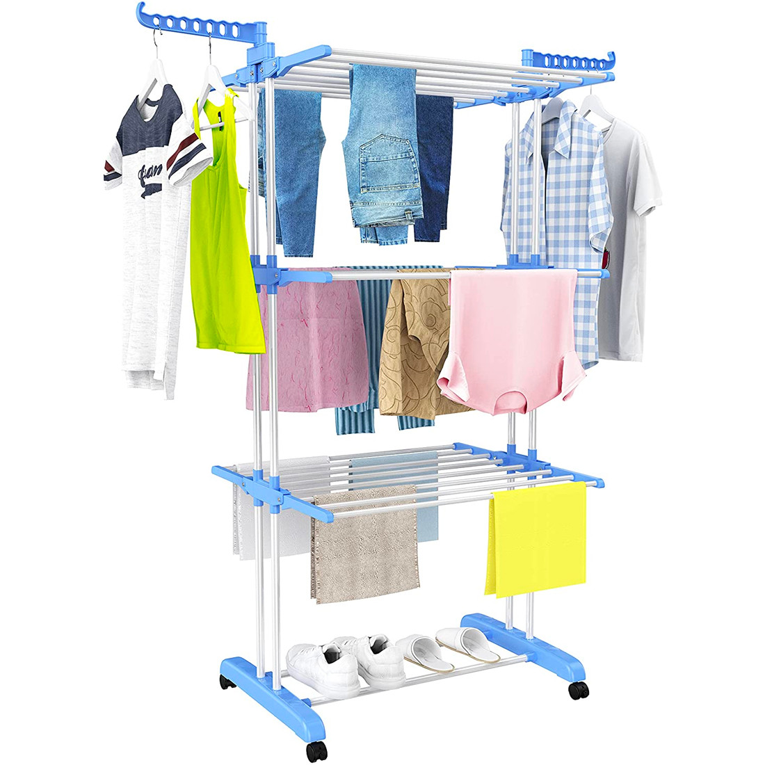 Yansanido Stendibiancheria Da Viaggio Portatile In Confezione Da 2 – Corda Elastica Con 12 Mollette E Clip Regolabili, Per Campeggio E Hotel (Blu) - 2
