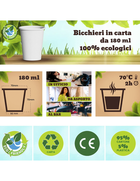 Pack 100 Bicchieri di Carta 180ml Monouso Biodegradabili e Compostabili