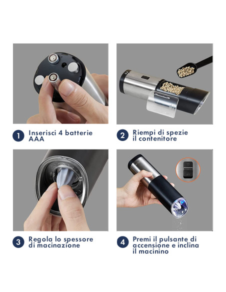 Macinino Elettrico a Batteria per Sale e Pepe in Acciaio con Manopola Regolabile