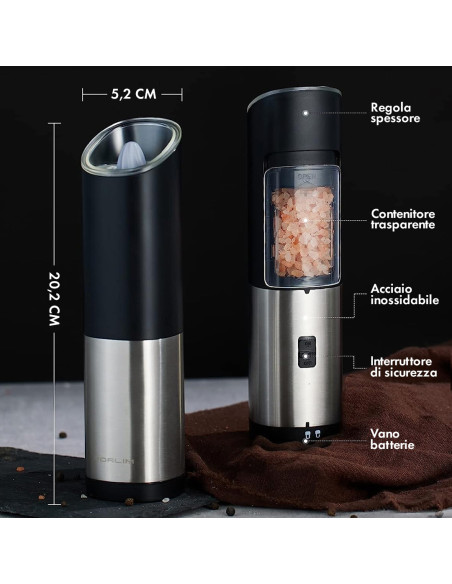 Macinino Elettrico a Batteria per Sale e Pepe in Acciaio con Manopola Regolabile