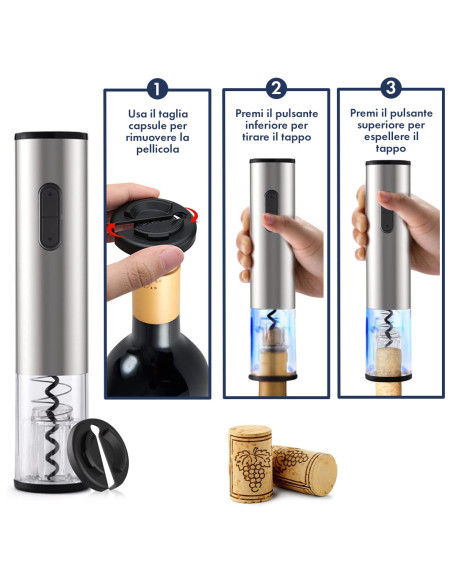 Apribottiglie Elettrico a Batterie Cavatappi Automatico Set da Vino in Acciaio