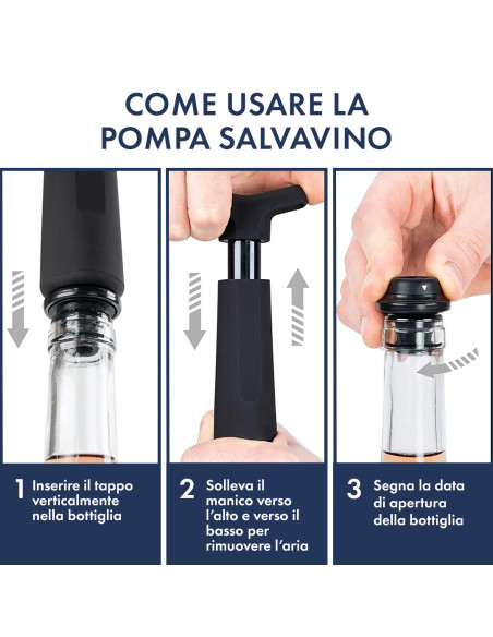 Pompa Salva Vino per Bottiglie con 4 Tappi Sottovuoto in Silicone Diametro 19mm
