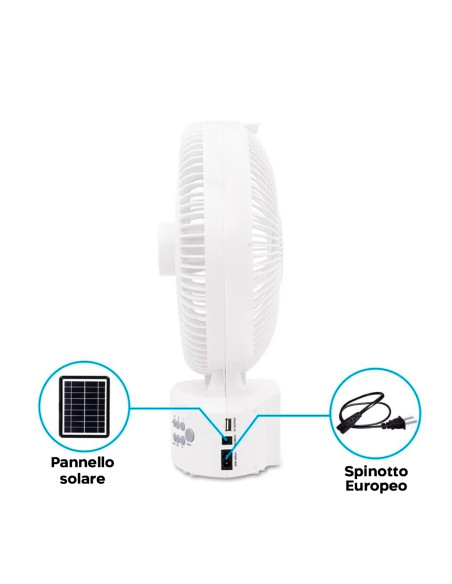 Ventilatore Ricaricabile Energia Solare da Tavolo con Bluetooth LED e Radio FM