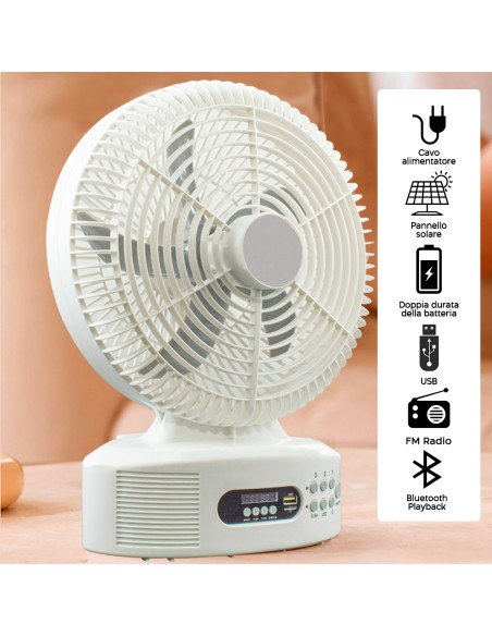 Ventilatore Ricaricabile Energia Solare da Tavolo con Bluetooth LED e Radio FM