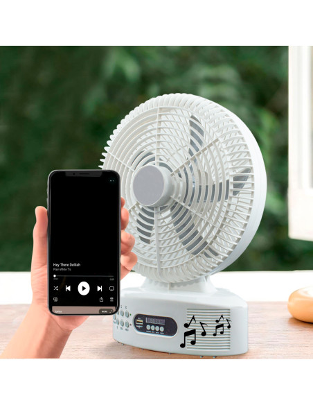 Ventilatore Ricaricabile Energia Solare da Tavolo con Bluetooth LED e Radio FM