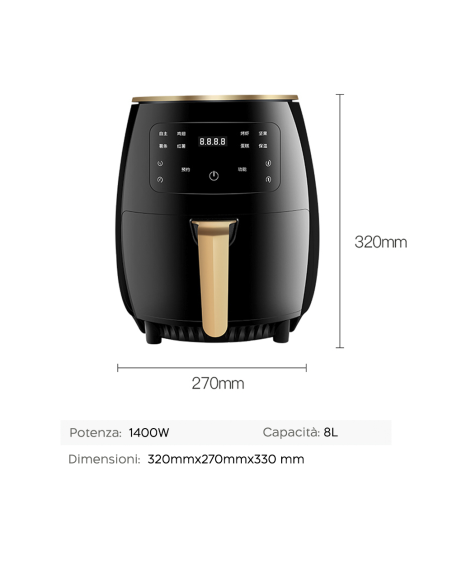 Friggitrice ad Aria 200°C Capienza 8LT Potenza 1400W con Display LCD Touch