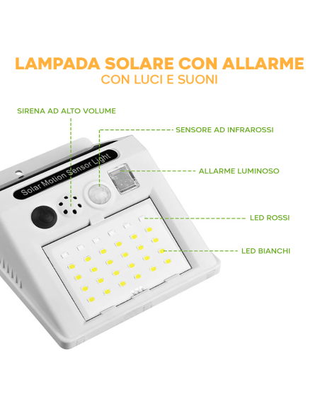 Lampada Solare con Allarme Sensore di Movimento Angolo 120° Controllo da Remoto