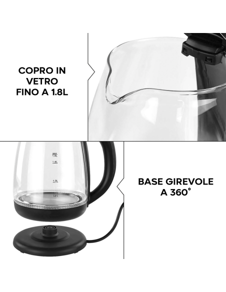 Bollitore Elettrico in Vetro Borosilicato 1500W 1.8 lt Illuminazione LED Blu