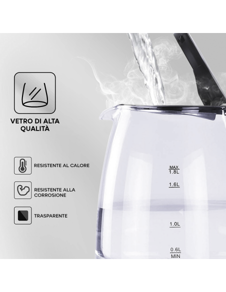 Bollitore Elettrico in Vetro Borosilicato 1500W 1.8 lt Illuminazione LED Blu