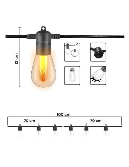 Catena Luminosa con Pannello Solare Ricaricabile 10m Luce Calda Effetto Fuoco