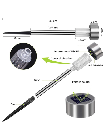 Set 4 lampade 1 led da 30 cm a energia solare...
