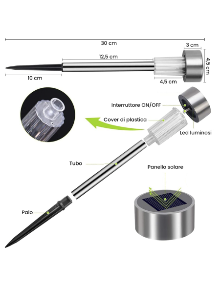 Set 4 lampade 1 led da 30 cm a energia solare segnapasso da giardino