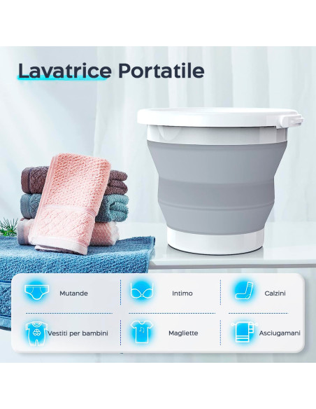 Secchio Silicone Richiudibile 10lt e Mini Lavatrice Portatile Turbina Ruotante