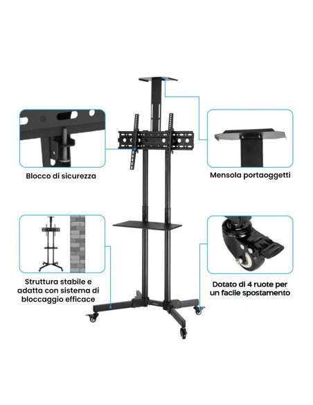 Supporto Carello TV 4 Ruote Girevoli Mobile Staffa Porta Televisione Fino a 50Kg